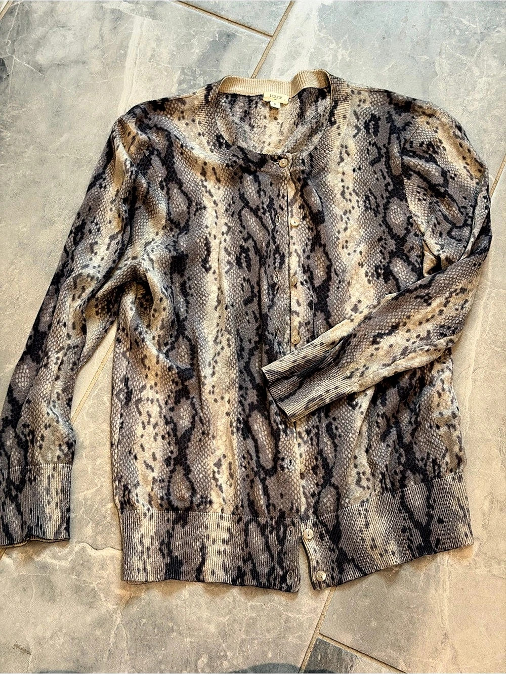 J.CREW Tippi Cardigan Sweater in Caramel Snake Python Print Brown & Gray Small